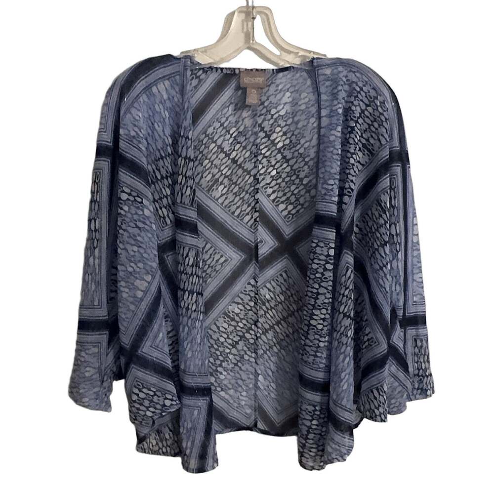 Chico's Cardigan Wrap Size 0 Blue Geometric Kimono Sheer 3/4 Sleeve Bohemian